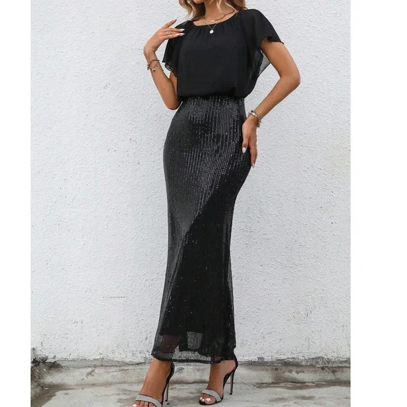 Luxe black Butterfly Sleeve Sequin High Waisted Party Evening Formal Dress